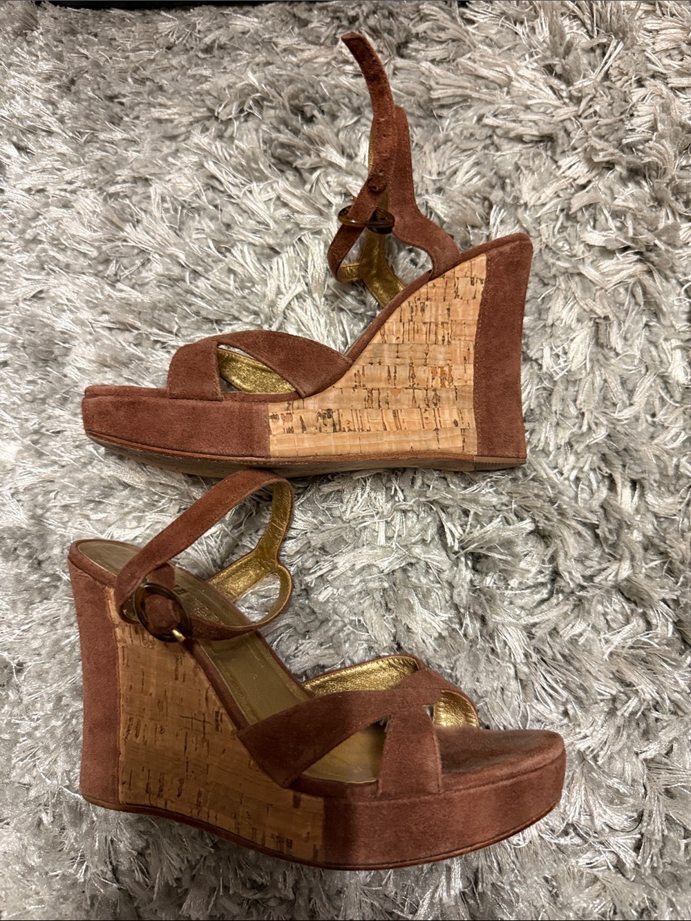 Anne Klein Women’s Suede Cork Wedge Sandals in Rust 6.5